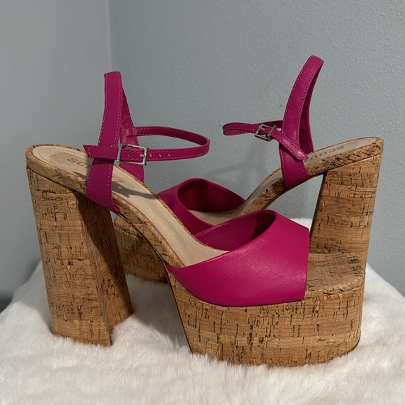 New SCHUTZ Hit Pink Fuchsia Glayce Cork Platform Sandal Heel with Ankle Strap - Picture 6 of 13